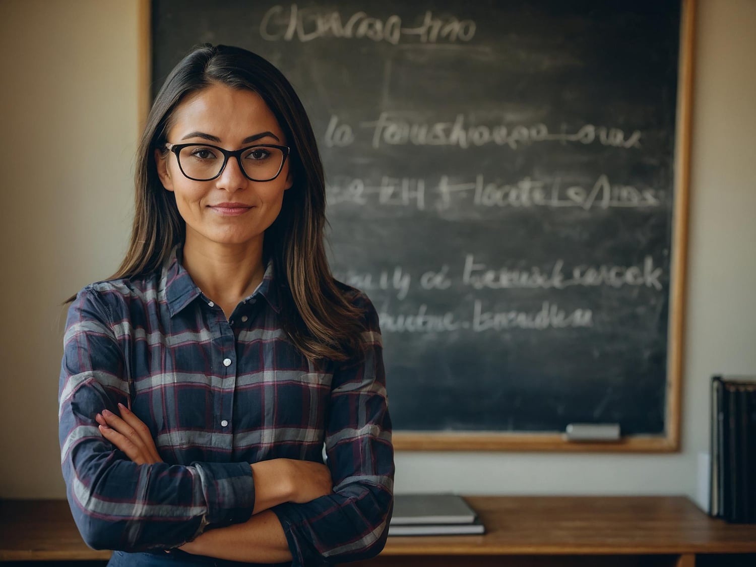 Professora em sala de aula comemorando o dia do professor, com quadro ao fundo, símbolo de educação e agradecimento aos profissionais da educação.