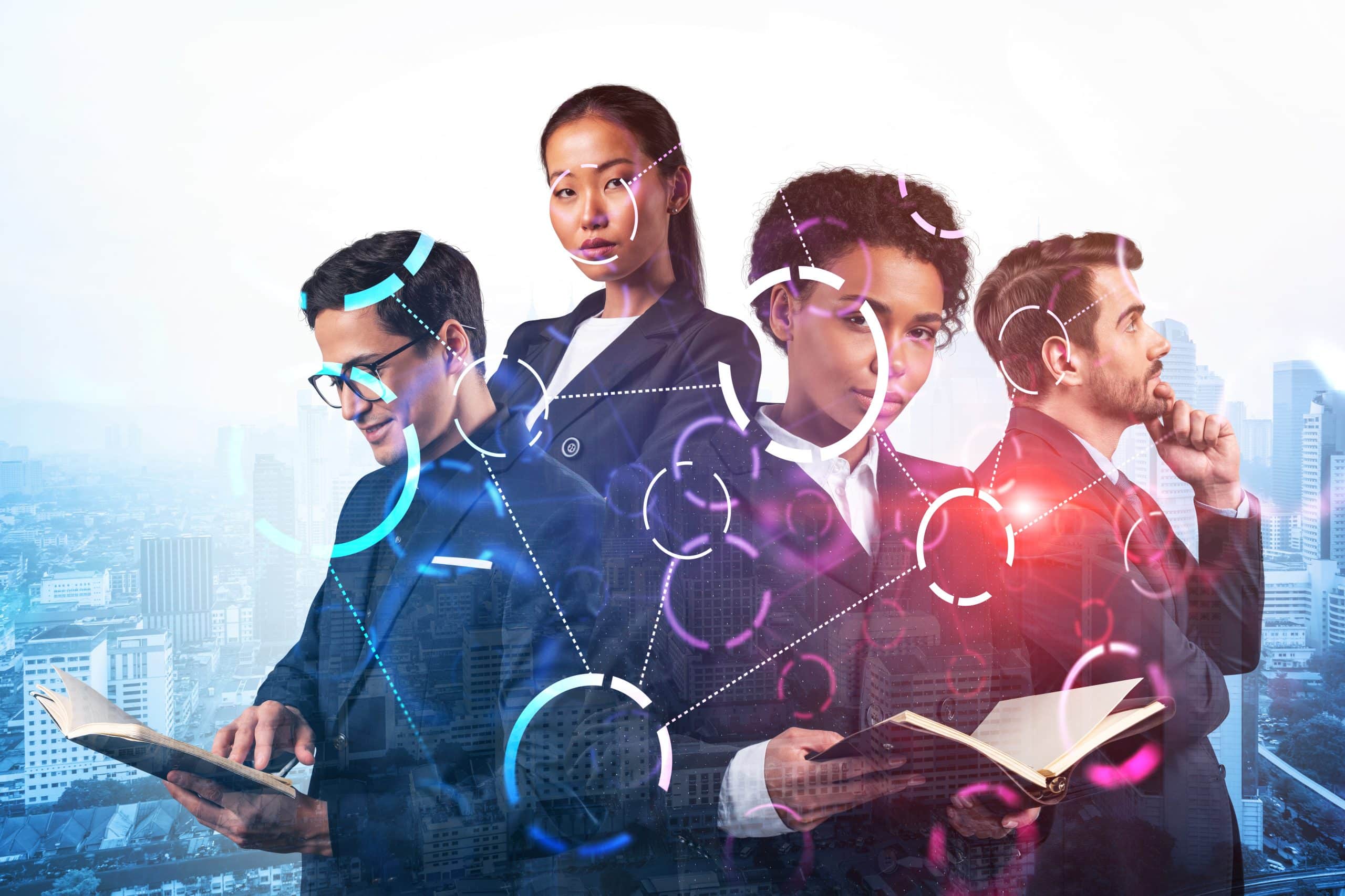 Grupos de pessoas com profissões do futuro.